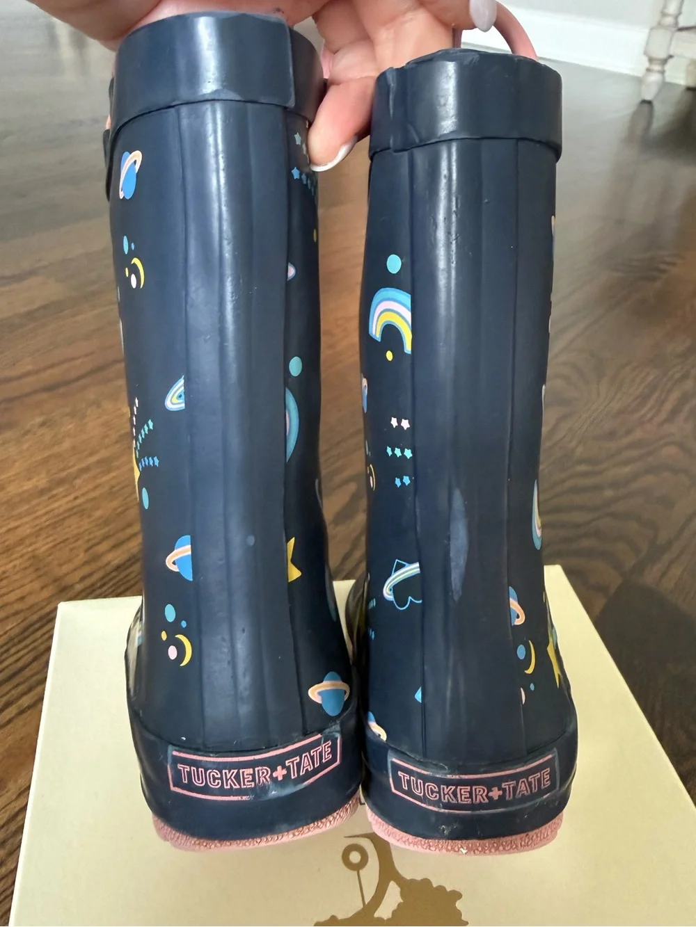 Tucker + Tate Navy Kids Space & Rainbow Rain Boots with Pink Pull Tabs- size 9
